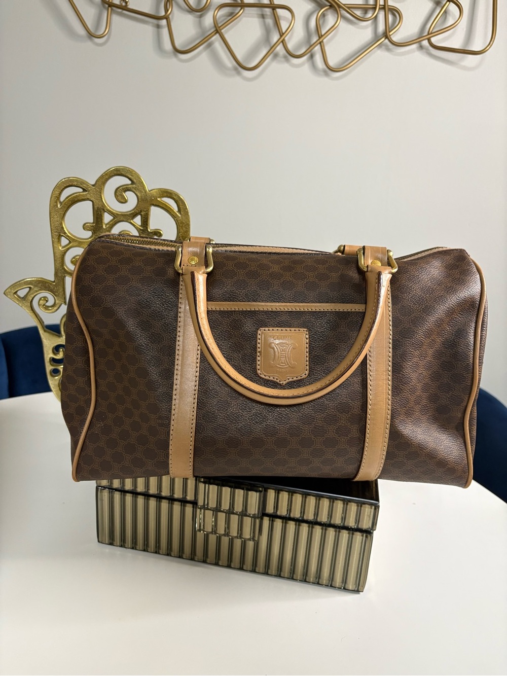Vintage Celine Brown Patterned Satchel Handbag with Tan Trim